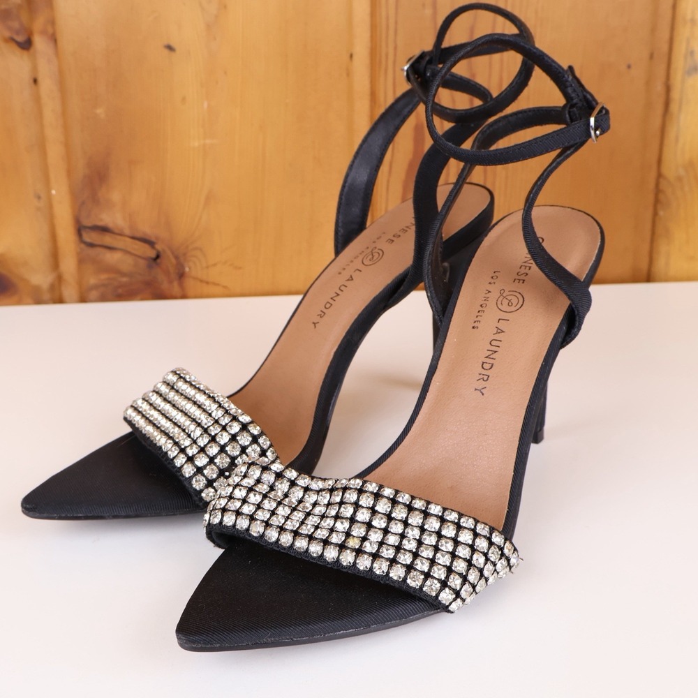 Chinese Laundry Womens 9 Black Rhinestone Bow Heels Pointed Toe Ankle Strap